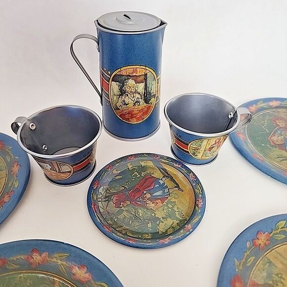Children's Tin Litho Complete Tea Set of 4 Little Red Riding Hood Reproduction - Picture 7 of 11